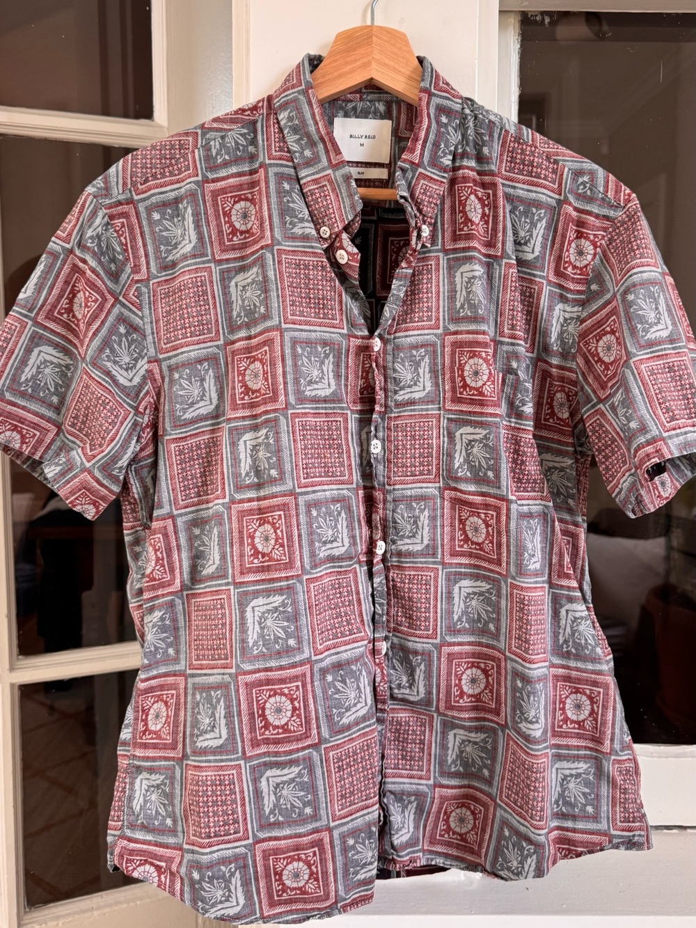 Billy Reid Slim Fit Short Sleeve Shirt M Red Gray Bandana Print Double Faced